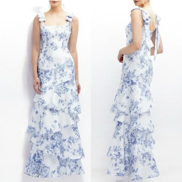 🌻NEW w.tag Dessy Collection Floral Print Ruffle Tie Strap Gown Cottage Rose 14 - Picture 1 of 15